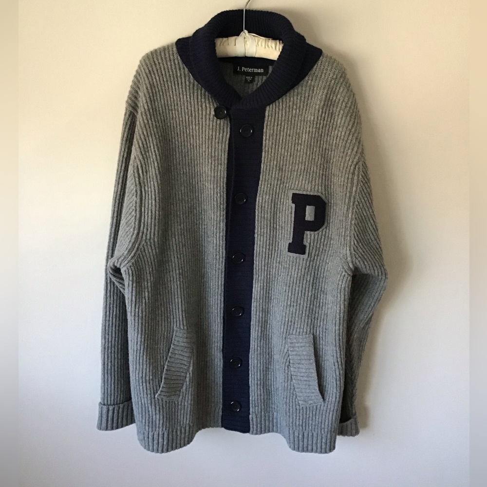 NWOT J Peterman M XL Letterman Shawl Collar Wool Cardigan Sweater in Gray/Navy